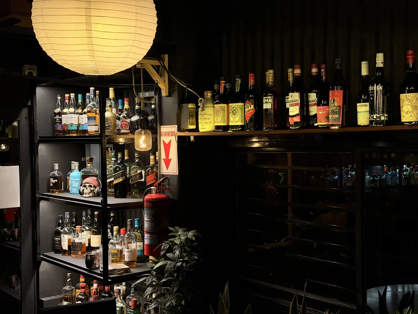 El bar de Casa Manuel con un farol de papel sobre los estantes